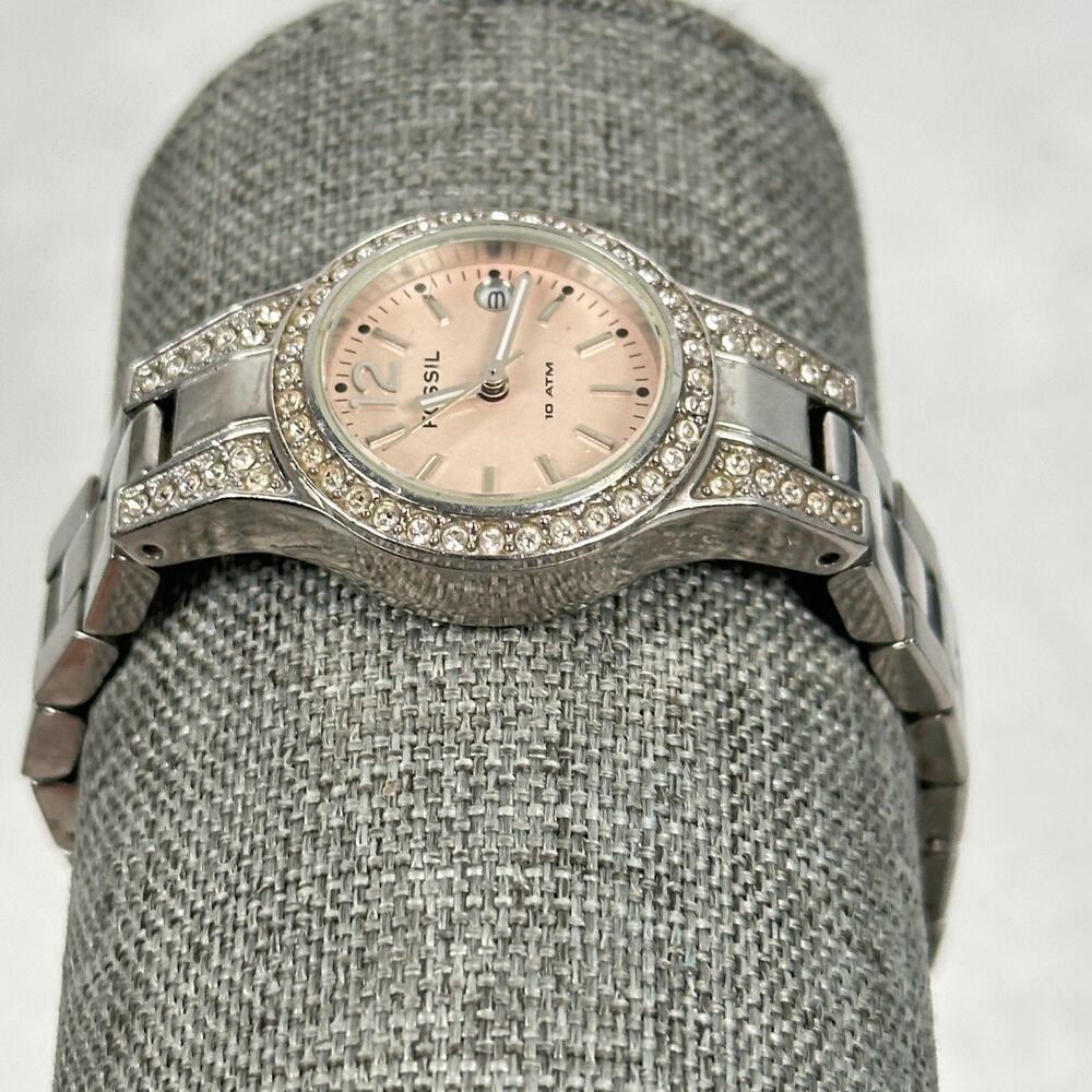 Fossil Watch Womens 25mm Pave Bezel Date Silver Tone 6" Quartz New Battery - Picture 2 of 12